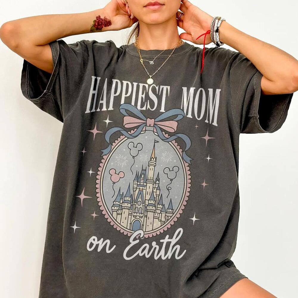 Retro Happiest Mom On Earth Shirt Disney Castle Tee, Coquette Bow Mom T Shirt